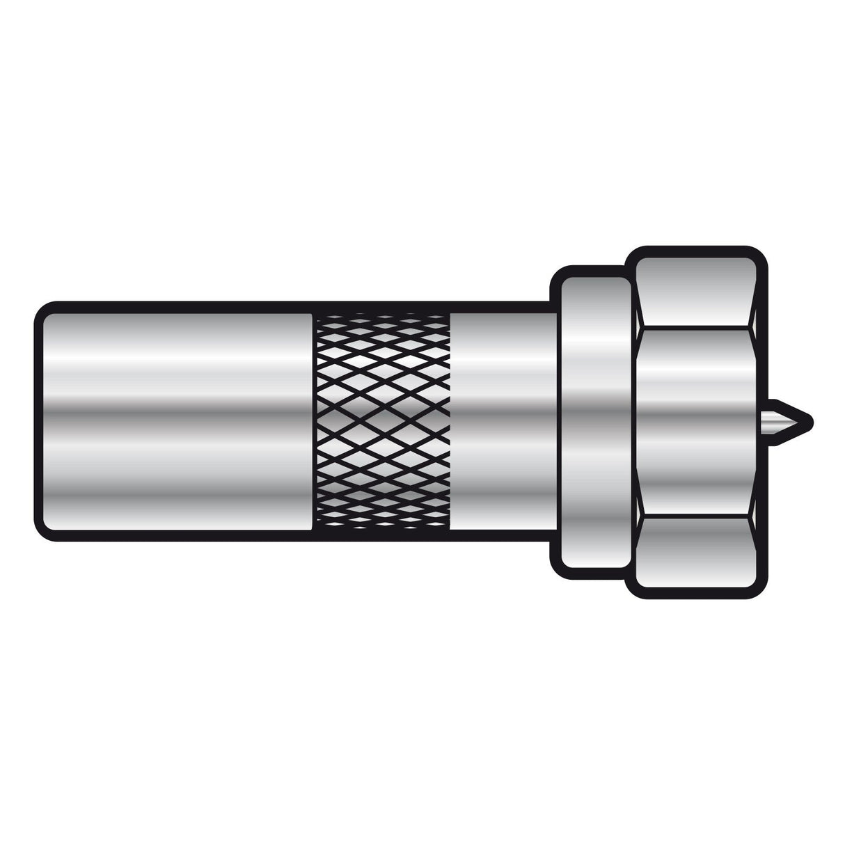 Depiction of a metal hose nozzle with a textured grip, similar to the AV:Link Adaptor F Plug To Coax TV Plug. The nozzle showcases a cylindrical shape with a tapered opening and a hexagonal adjusting ring to control water flow. Its straightforward and practical design contrasts prominently against the white background.