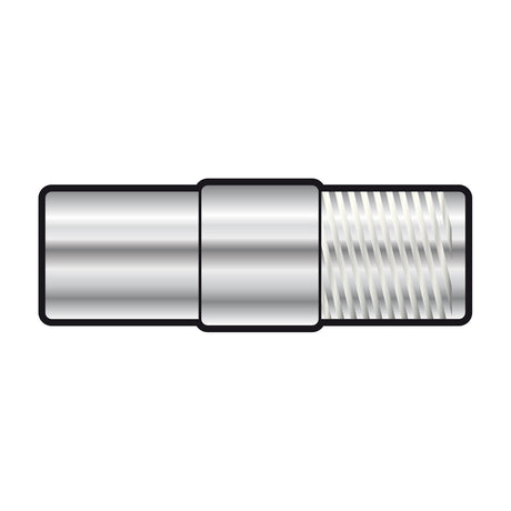 AV:Link coaxial plug to F socket adaptor with nickel-plated metal barrel and threaded F-type end, shown on a plain white background.