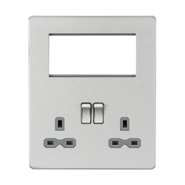 A brushed chrome Small Multimedia Combination Plate in a modern, symmetrical design features two switches, two three-pin sockets, and a top rectangular cutout for modular inserts.