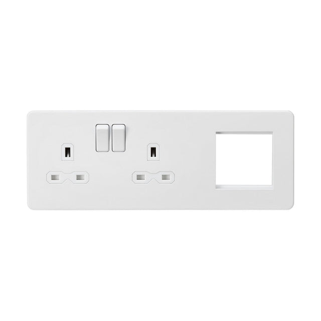 A white 13A 2 Gang DP Socket + 2 Gang Modular Combi Plate with UK-style socket openings, including switches and a slot for an extra component on the right, features a modern screwless design. This matt white plate offers a streamlined USB charging option.