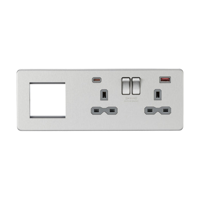 13A 2G DP Socket +2G Modular + Dual USB A+C 12V DC 1.5A (Max. 18W) - Brushed Chrome w/Grey Insert