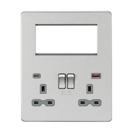 Small Multimedia Combo Plate + Dual USB A+C 12V DC 1.5A (Max. 18W) - Brushed Chrome w/Grey Insert