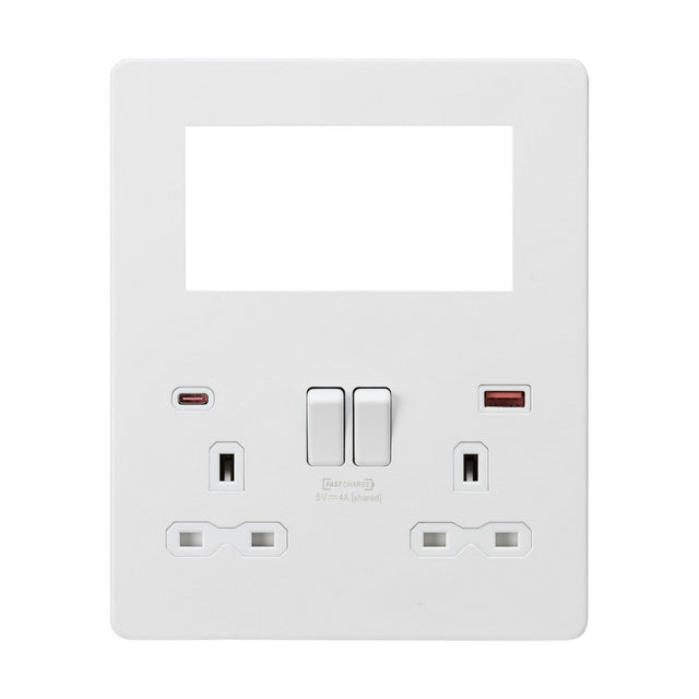 Small Multimedia Combo Plate + Dual USB A+C 12V DC 1.5A (Max. 18W) - Matt White w/White Insert