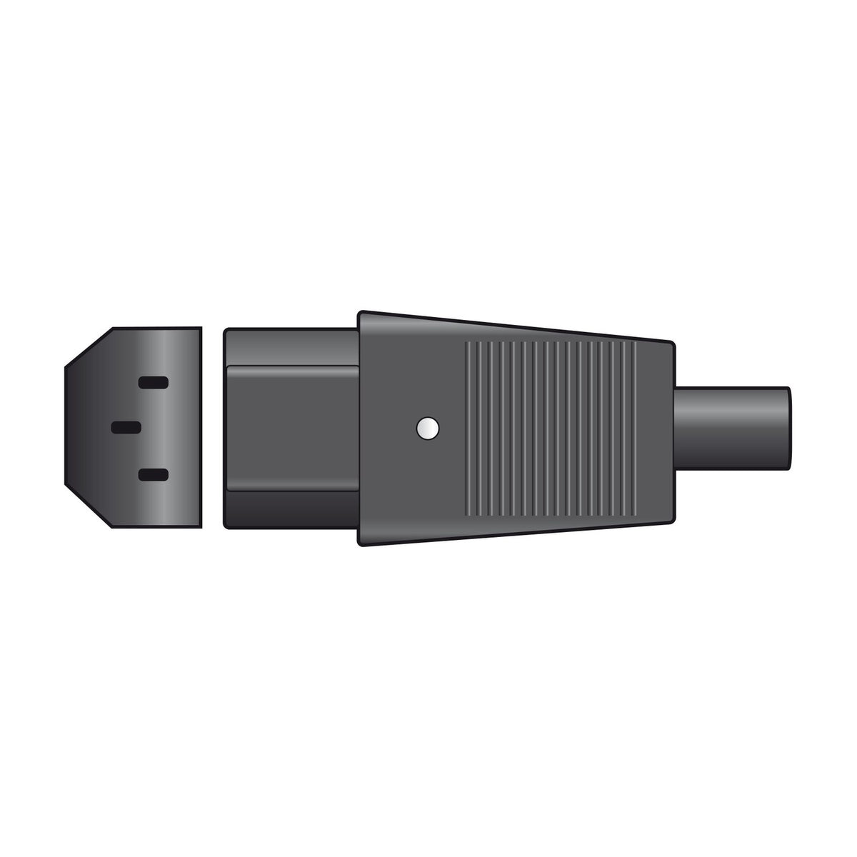 Mercury 3-pin IEC C13 in-line socket by AVSL in black PVC, shown alongside the ribbed housing and rubber cable protector on a white background.
