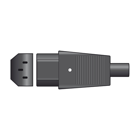 Mercury 3-pin IEC C13 in-line socket by AVSL in black PVC, shown alongside the ribbed housing and rubber cable protector on a white background.