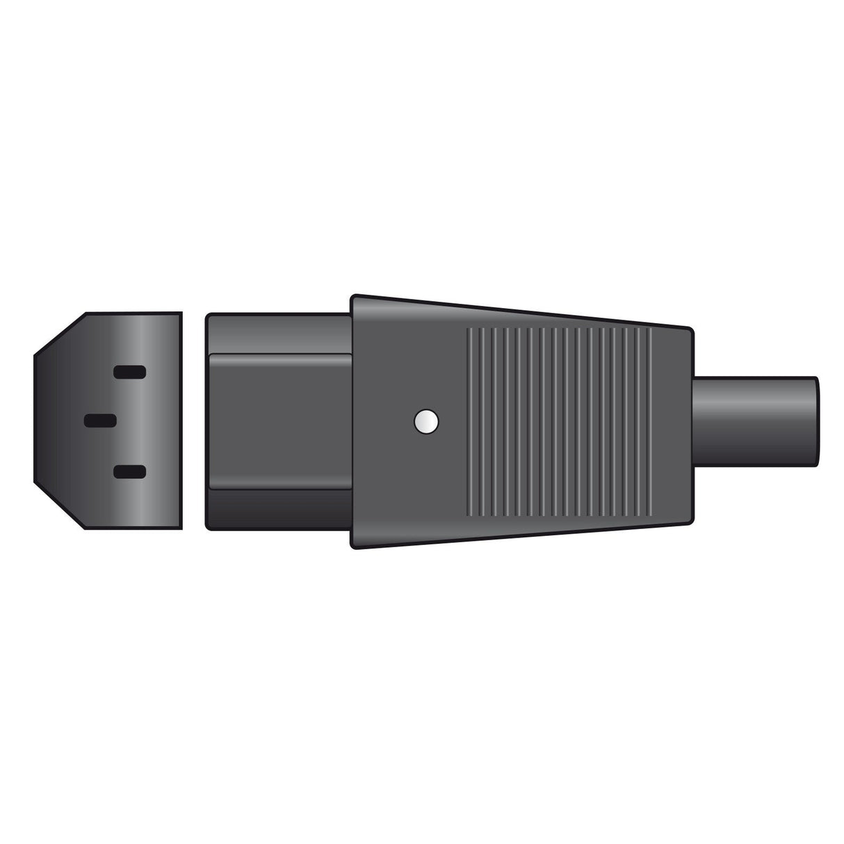 Illustration of the Mercury 3 Pin IEC Socket, featuring three prongs, displayed in profile. The black connector includes a ribbed grip section towards the rear and a small circular indentation on the front flat side for strain relief and enhanced durability.