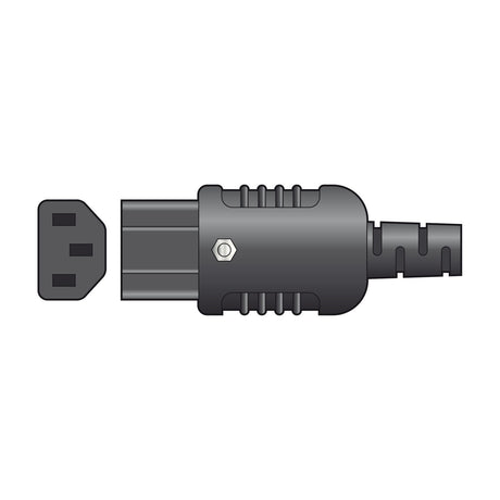Mercury rewireable IEC C13 in-line connector in black with ridged grip housing, retaining screw and cable strain relief, shown beside the socket end.