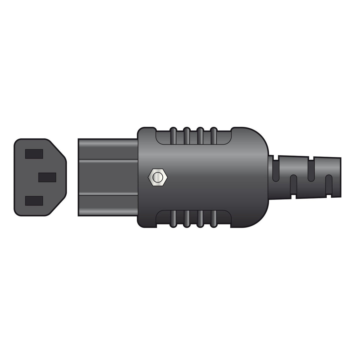 Illustration of the Mercury Heavy Duty In-Line IEC Connector C13, featuring a black rewireable power plug with a 3-pin socket on one end and a ribbed handle with a cable securing clamp on the other, displayed against a white background.