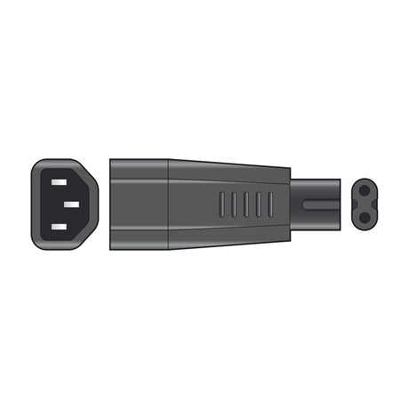 Mercury IEC C14 to C7 Fig.8 plug adaptor in dark grey moulded plastic, shown with C14 male end and C7 figure-8 socket end on a white background.