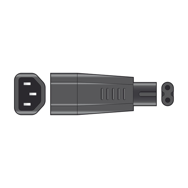 Mercury IEC C14 to C7 Fig.8 plug adaptor in dark grey moulded plastic, shown with C14 male end and C7 figure-8 socket end on a white background.