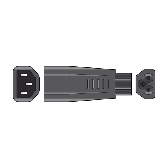 Mercury IEC C14 to C5 cloverleaf plug adaptor in grey plastic with side vents, shown on a plain white background, rated 250V 10A.