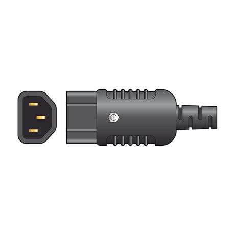 Mercury heavy duty in-line IEC C14 socket connector in black thermoplastic with ribbed strain relief, shown alongside its three-pin face on a white background.