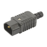 Mercury heavy duty in-line IEC C14 male socket connector in black ribbed thermoplastic with cable strain relief, shown on a plain white background.