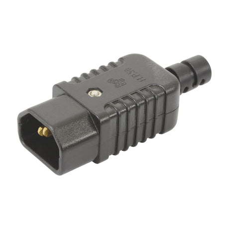 Mercury heavy duty in-line IEC C14 male socket connector in black ribbed thermoplastic with cable strain relief, shown on a plain white background.