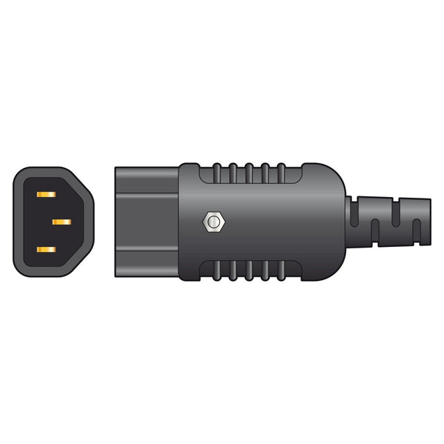 Illustration of a Mercury Heavy Duty In-Line IEC Socket Connector C14. The 3-pin connector and its corresponding plug, featuring three vertical pins, are displayed separately. Both components are rendered in black and gray tones against a white background.