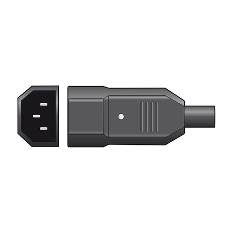 Mercury 3 pin IEC C14 in-line plug in dark grey ABS, shown end-on and side-on with shrouded housing and rubber strain relief, on a white background.
