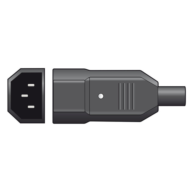 Illustration of a black Mercury 3 Pin IEC Plug and its corresponding socket. The plug, featuring strain relief elements, is depicted on the right and the socket on the left, both showcasing a simple, accurate design against a white background.