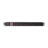 Adastra 1U rackmount PDU with six UK sockets, red master switch, 10A breaker and mounting ears, shown on a plain white background.