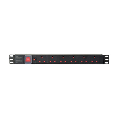 Adastra 1U rackmount PDU with six UK sockets, red master switch, 10A breaker and mounting ears, shown on a plain white background.