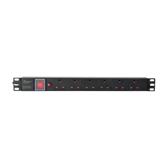 Adastra 1U rackmount PDU with six UK sockets, red master switch, 10A breaker and mounting ears, shown on a plain white background.