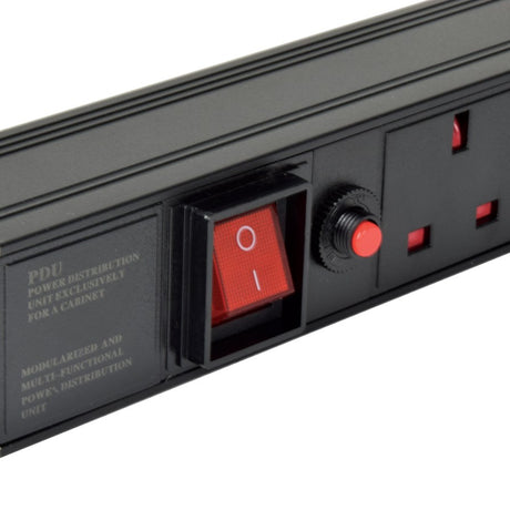 Close-up of the Adastra 1U 6 Gang UK PDU showing the illuminated red master switch, 10A resettable breaker button and UK socket on a black casing.