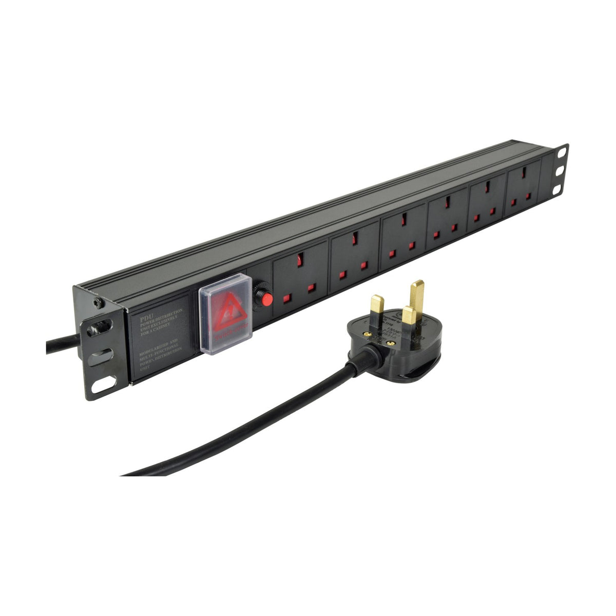 Adastra 1U rackmount PDU in black with six UK sockets, red master switch, 10A breaker and 1.8m lead with UK plug on a white background.