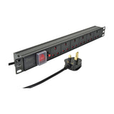 Adastra 1U rackmount PDU in black with six UK sockets, red master switch, 10A breaker and 1.8m lead with UK plug on a white background.