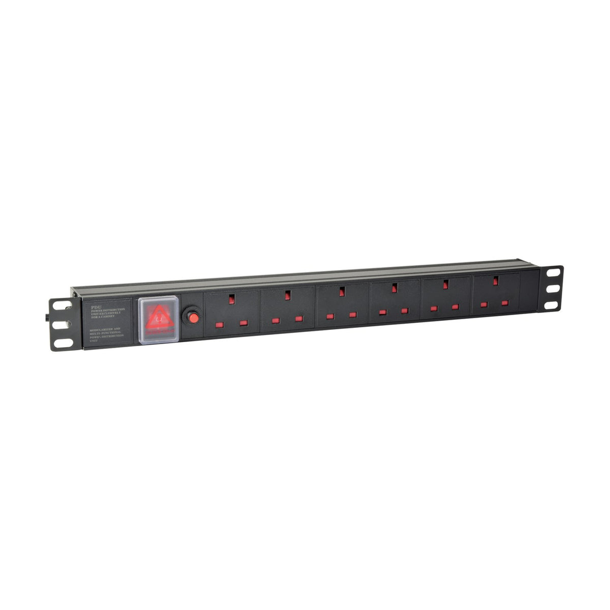 Adastra 1U rackmount PDU with six UK sockets, red master switch, and 10A breaker in a black flat-plate metal casing on a white background.