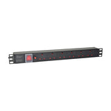 Adastra 1U rackmount PDU with six UK sockets, red master switch, and 10A breaker in a black flat-plate metal casing on a white background.