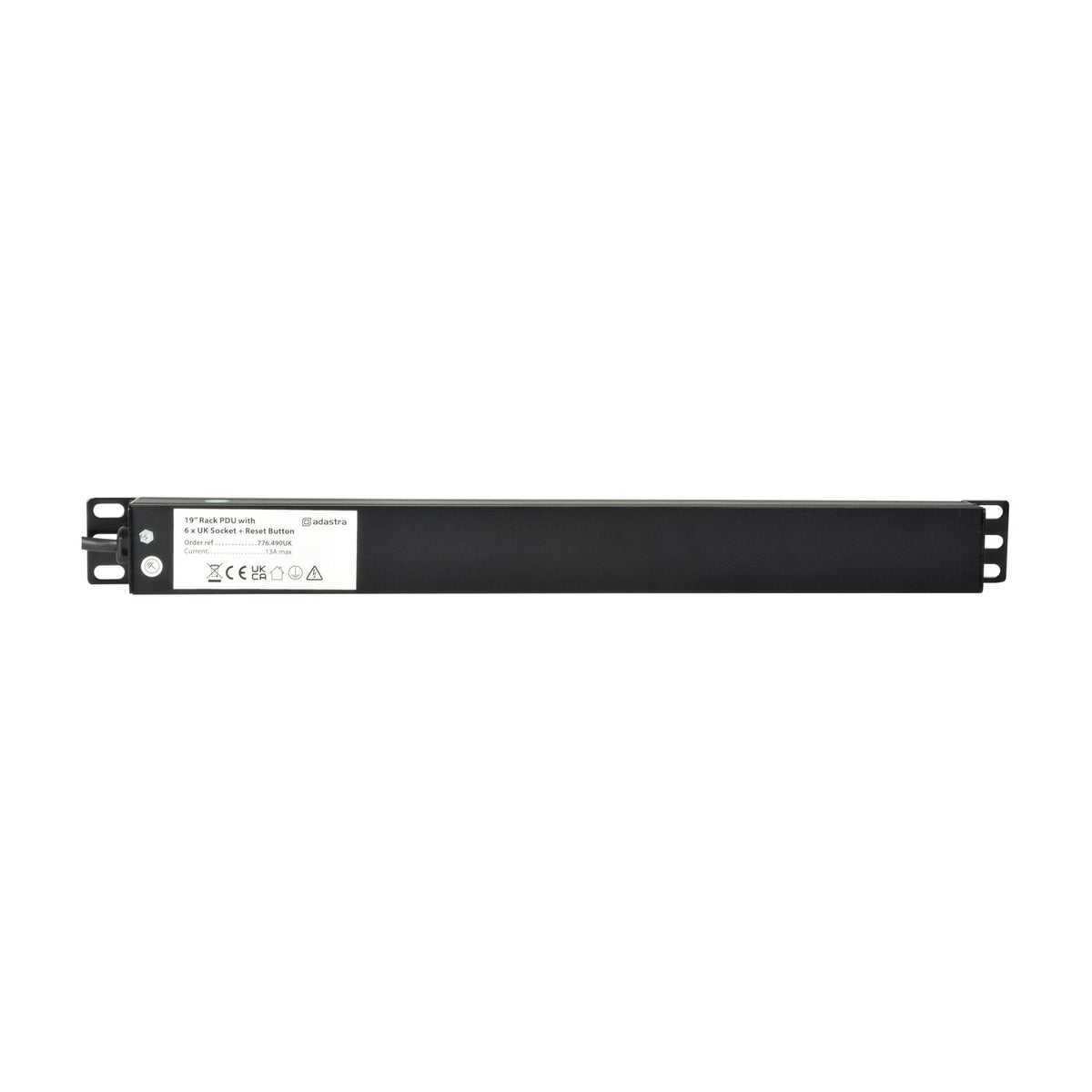 Adastra 1U rack PDU shown end-on, black metal chassis with flanged mounting ear and product specification label, on a plain white background.