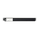 Adastra 1U rack PDU shown end-on, black metal chassis with flanged mounting ear and product specification label, on a plain white background.