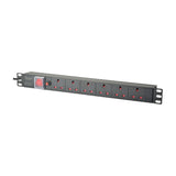 Adastra 1U rackmount PDU with six UK sockets, red master switch, resettable breaker, and mounting ears, shown on a plain white background.