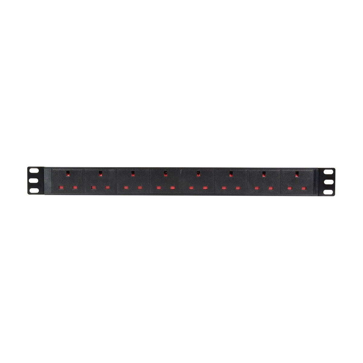 Adastra 1U rack-mount PDU with eight UK BS1363 sockets in a row across a black steel chassis with 19-inch rack ears, shown on a white background.