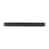Adastra 1U rack-mount PDU with eight UK BS1363 sockets in a row across a black steel chassis with 19-inch rack ears, shown on a white background.