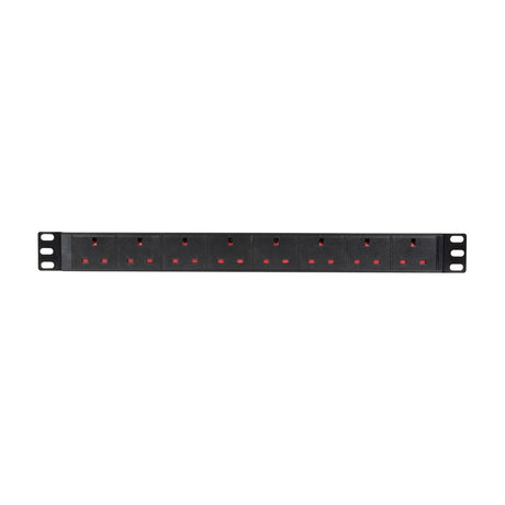 Adastra 1U rack-mount PDU with eight UK BS1363 sockets in a row across a black steel chassis with 19-inch rack ears, shown on a white background.