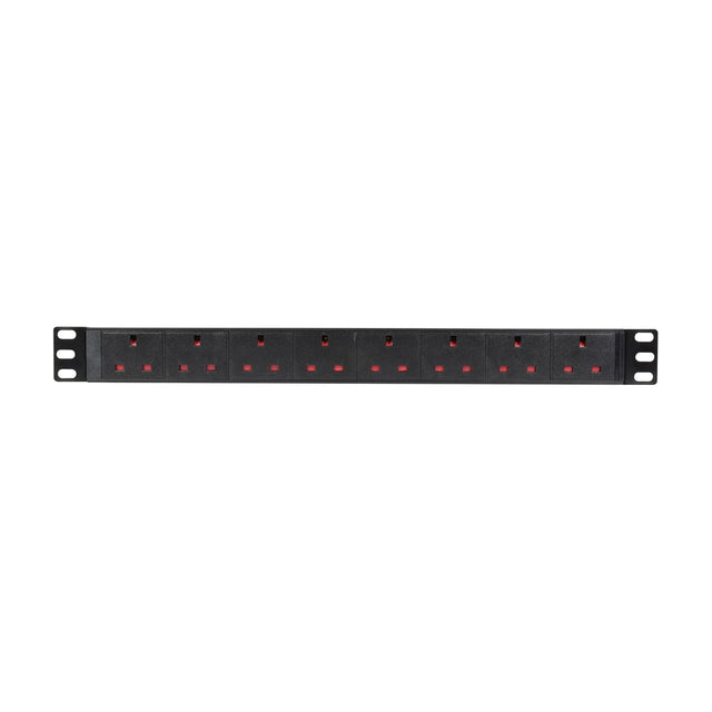 Adastra 1U rack-mount PDU with eight UK BS1363 sockets in a row across a black steel chassis with 19-inch rack ears, shown on a white background.