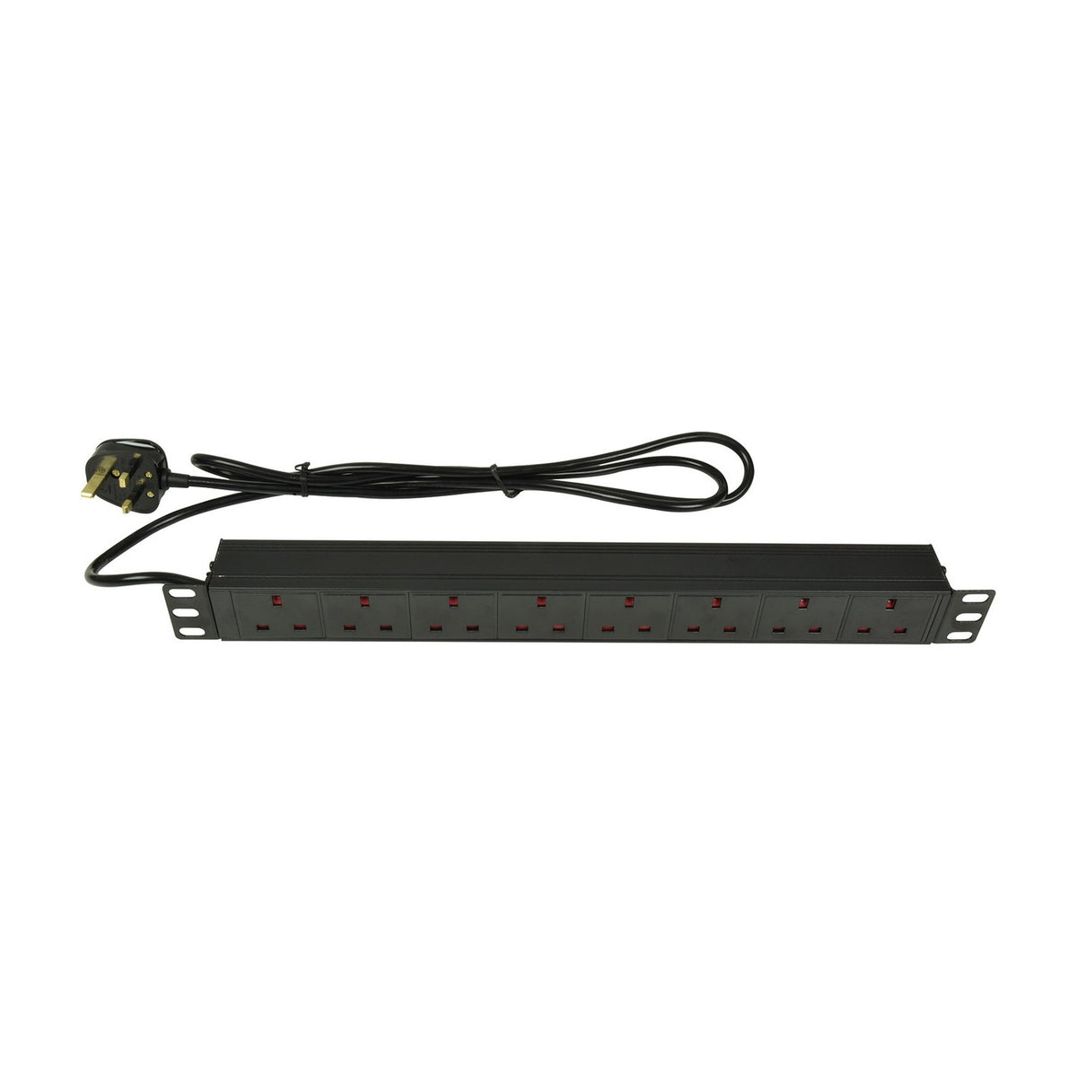 Adastra 1U rack-mount PDU with eight UK sockets in a horizontal row on a black steel chassis, 1.8m lead and UK plug, on a white background.