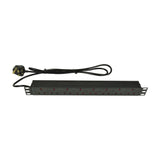 Adastra 1U rack-mount PDU with eight UK sockets in a horizontal row on a black steel chassis, 1.8m lead and UK plug, on a white background.