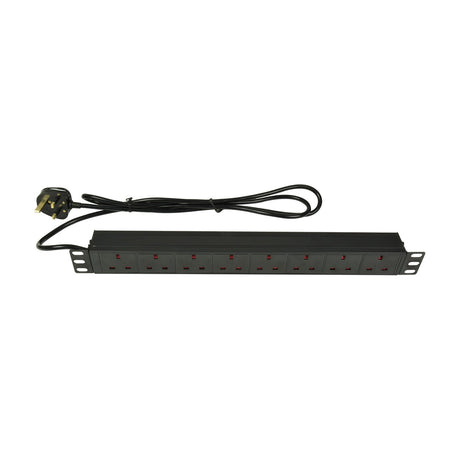 Adastra 1U rack-mount PDU with eight UK sockets in a horizontal row on a black steel chassis, 1.8m lead and UK plug, on a white background.