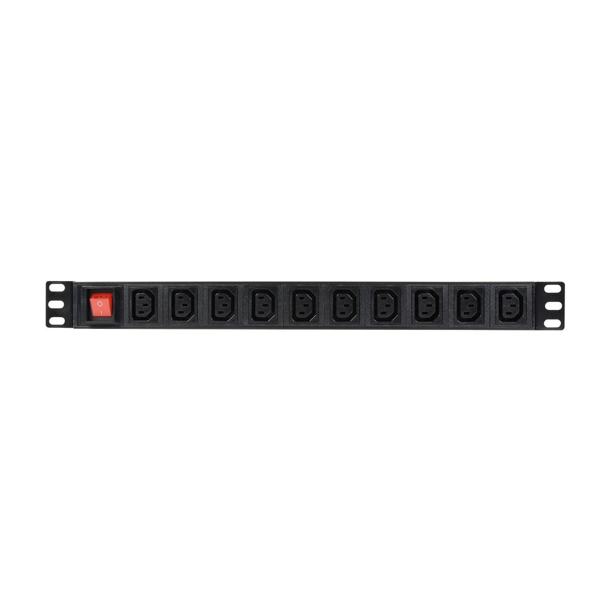Adastra 1U 10 Gang IEC C13 PDU in black steel with red master on/off switch and ten C13 outlets, shown on a plain white background.