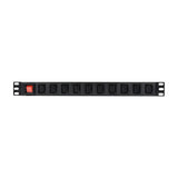 Adastra 1U 10 Gang IEC C13 PDU in black steel with red master on/off switch and ten C13 outlets, shown on a plain white background.