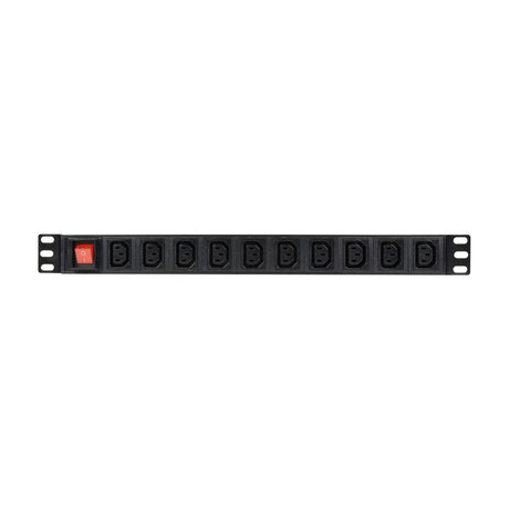 Adastra 1U 10 Gang IEC C13 PDU in black steel with red master on/off switch and ten C13 outlets, shown on a plain white background.