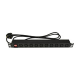 Adastra 1U rackmount PDU in black with ten IEC C13 outlets, red master switch, and coiled UK mains lead on a white background.
