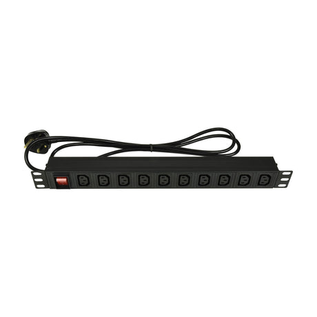 Adastra 1U rackmount PDU in black with ten IEC C13 outlets, red master switch, and coiled UK mains lead on a white background.