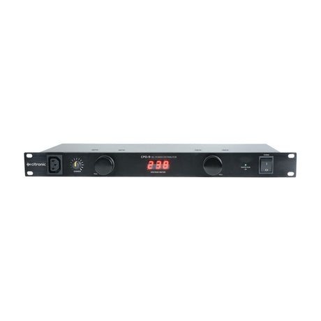 Citronic CPD-9 19" 1U rack mount IEC power distributor with front IEC outlet, dimmer knob, digital voltmeter, protection LED and power switch.
