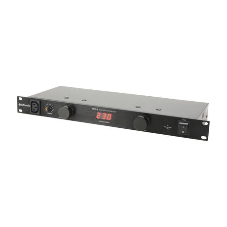 Citronic CPD-9 19" 1U rack power distributor with front IEC outlet, dimmer knob, digital voltage meter, pull knobs and power switch on white background.