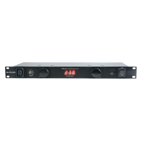 The Citronic CPD-9 19" 8 Way IEC Power Distributor is a black electronic device equipped with a digital voltage meter and various knobs and switches, designed for rack mounting. It features ventilation slots and displays the brand label on the left side.