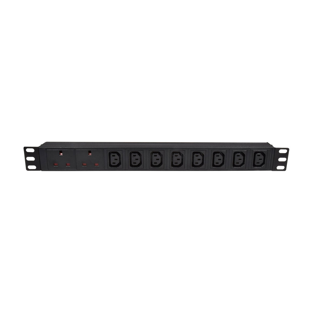 Adastra 1U rackmount PDU by AVSL with two UK sockets and eight IEC C13 outlets in a black steel chassis with rack ears, on a white background.
