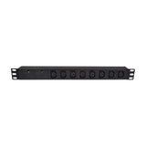 Adastra 1U rackmount PDU by AVSL with two UK sockets and eight IEC C13 outlets in a black steel chassis with rack ears, on a white background.
