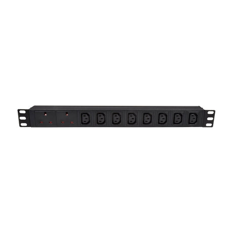 Adastra 1U rackmount PDU by AVSL with two UK sockets and eight IEC C13 outlets in a black steel chassis with rack ears, on a white background.